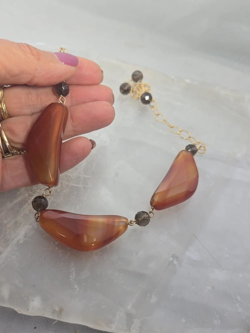 14/20 GF Chain Carnelian Statement Necklace With Smokey Topaz Vintage Jewelry